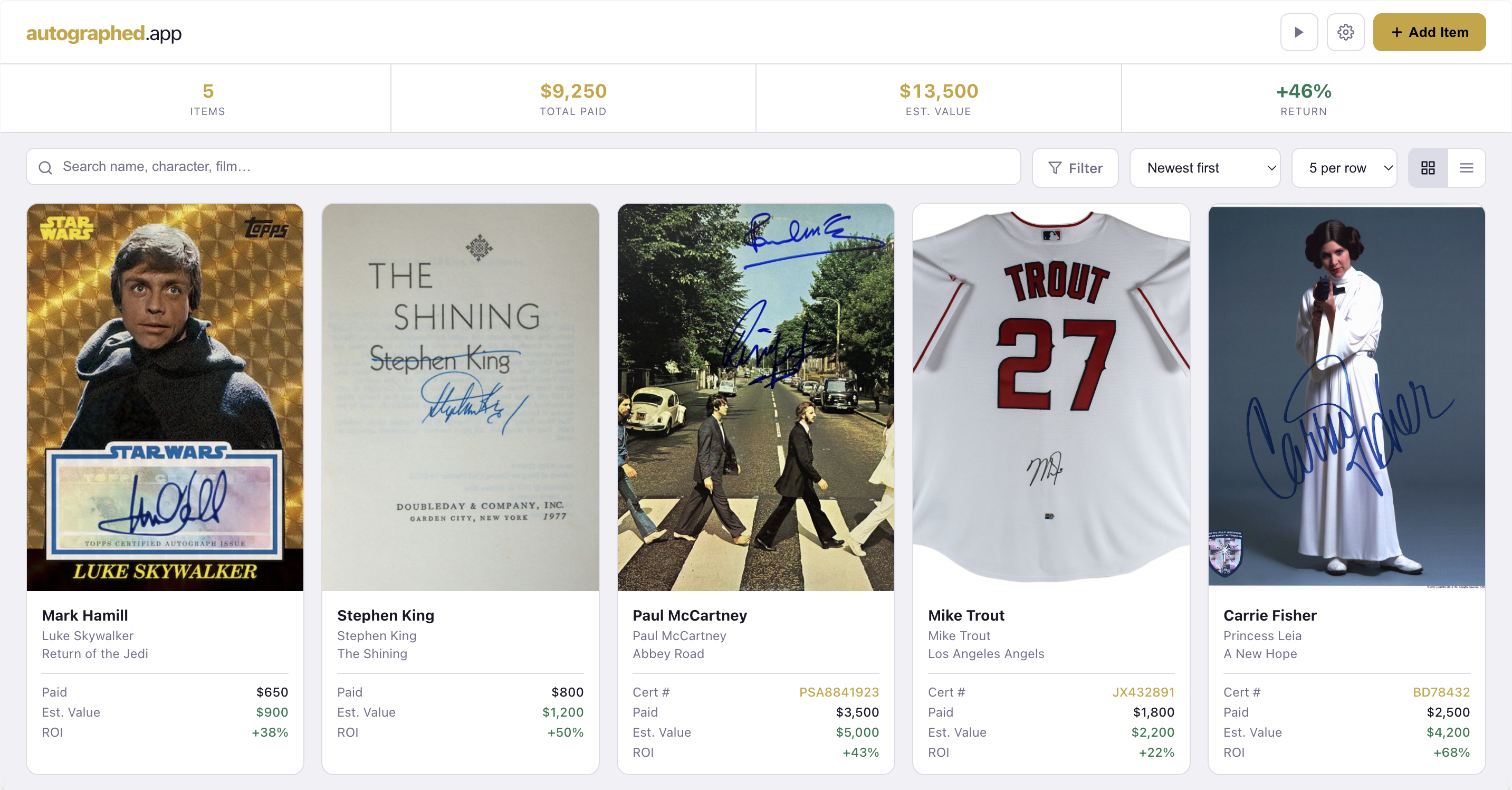 autographed.app gallery grid view